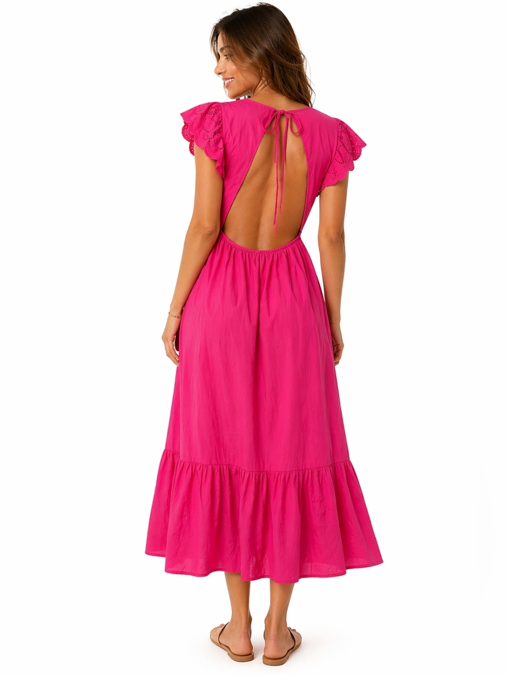 Jason Wu Pink Smocked Midi Dress Eyelet Sleeve Open Back Cotton S